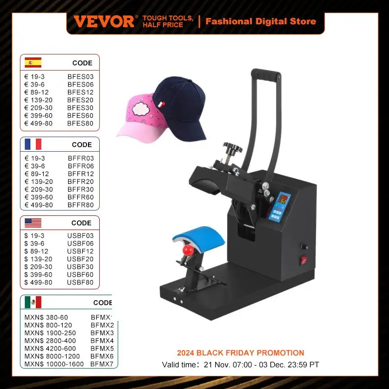 

VEVOR Hat Cap Heat Press 5.5 x 3.5 inch Heat Transfer Stamping Sublimation Machine Digital Display Clamshell for DIY Advertising