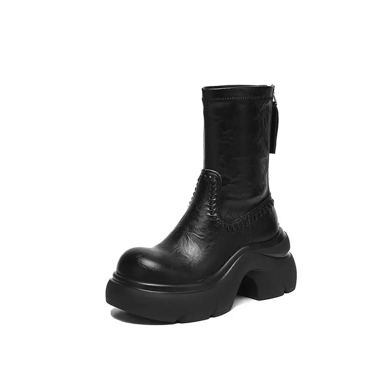 Cow Split Skin Thick Bottom Motorcycle Boots Keep Warm Winter Autumn Platform Punk Ins Leisure Sewing Elastic Women Ankle Boots
