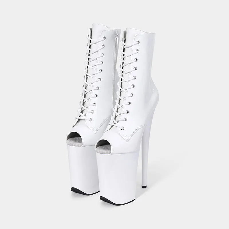 

LAIJIANJINXIA New 23CM/9inches White PU Upper Sexy Exotic High Heel Peep Toe Party Women Model ANKLE Boots Pole Dance Shoes