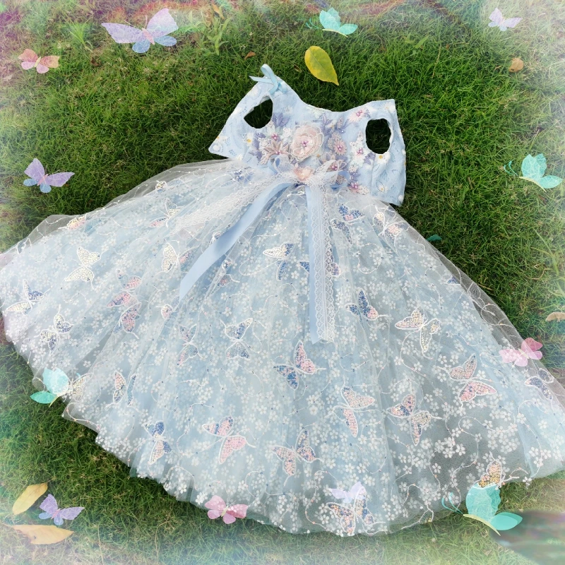 

Pet Dog Summer Dresses Luxury Handmade Blue Lace Daisy Embroidered Puppy Dog Princess Girl Tailing Dress Pet Clothes Outfits