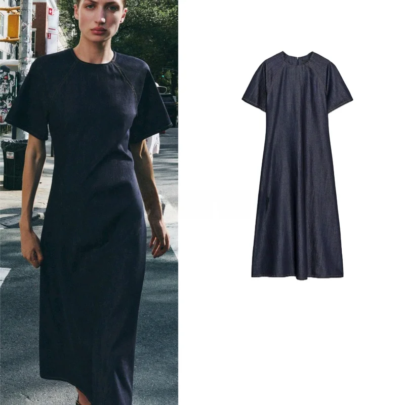 Vestido Jeans Longo F de Verão, Gola Redonda, Manga Curta, Corte em A, Acintu, em Camadas, Estilo Casual, Versão X...