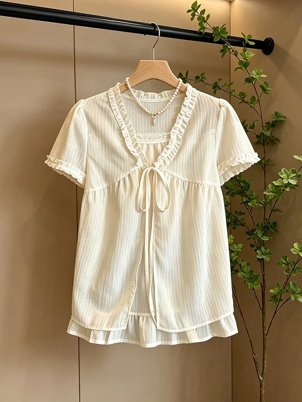 

plus Size Fat MM Short Sleeve Shirt Belted Two-Piece Look Summer New Style Age-Defying Loose Slimming Versatile Trendy Top