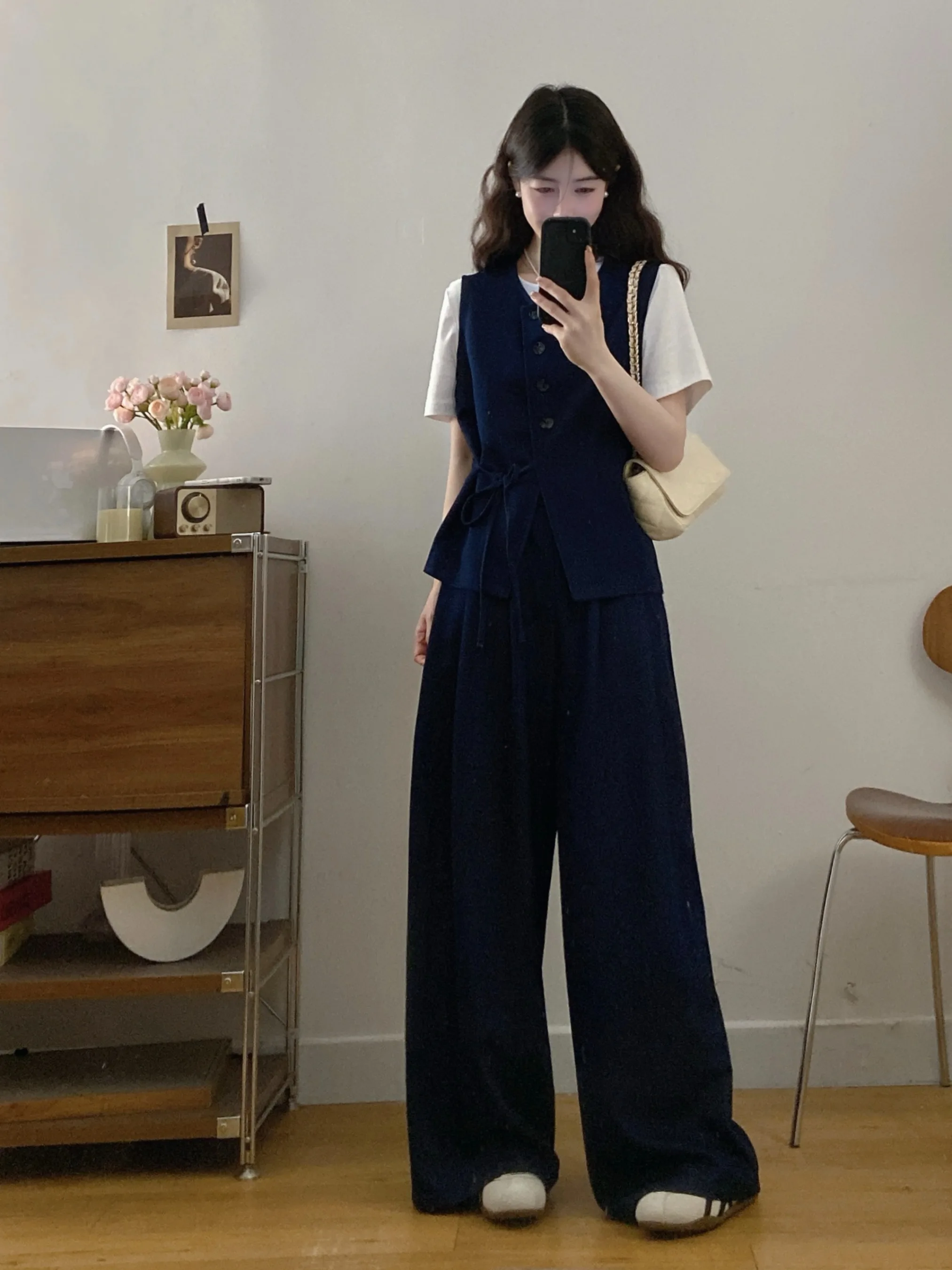 

plus Size Summer New Vintage Slimming Tie Top Short Sleeve T-Shirt Wide Leg Pants Fashionable Three-Piece Set Women's Clothing