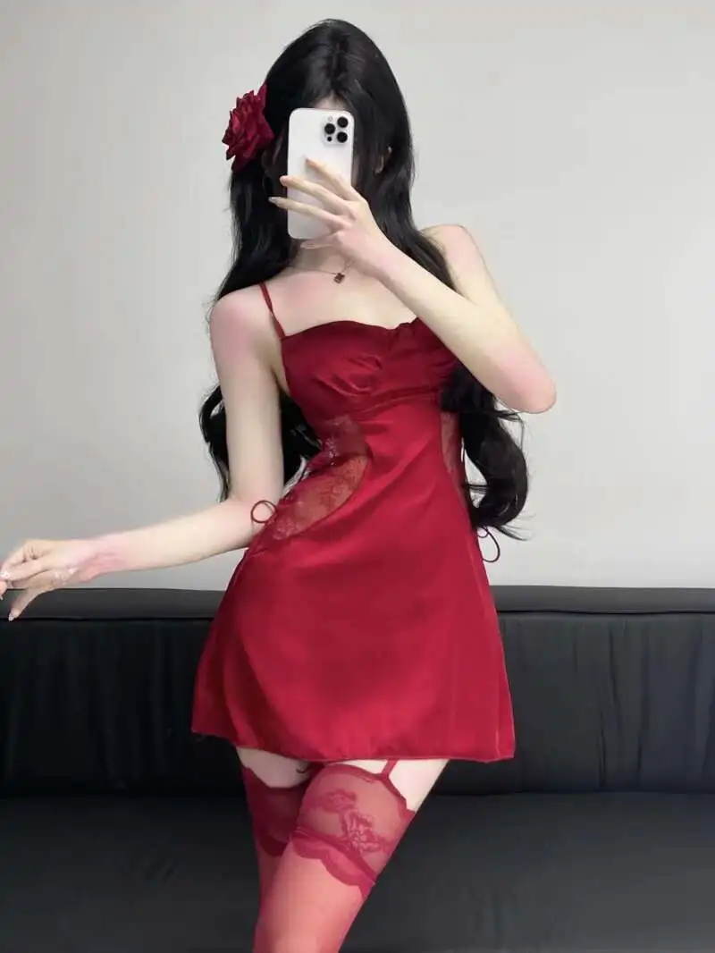 ใหม่เซ็กซี่ 2025 สแควร์คอBackless Lace Splicing Sheerชุดสลิงผู้หญิงCinchingเอวSlim A-Lineชุดลําลองสั้นW8W1