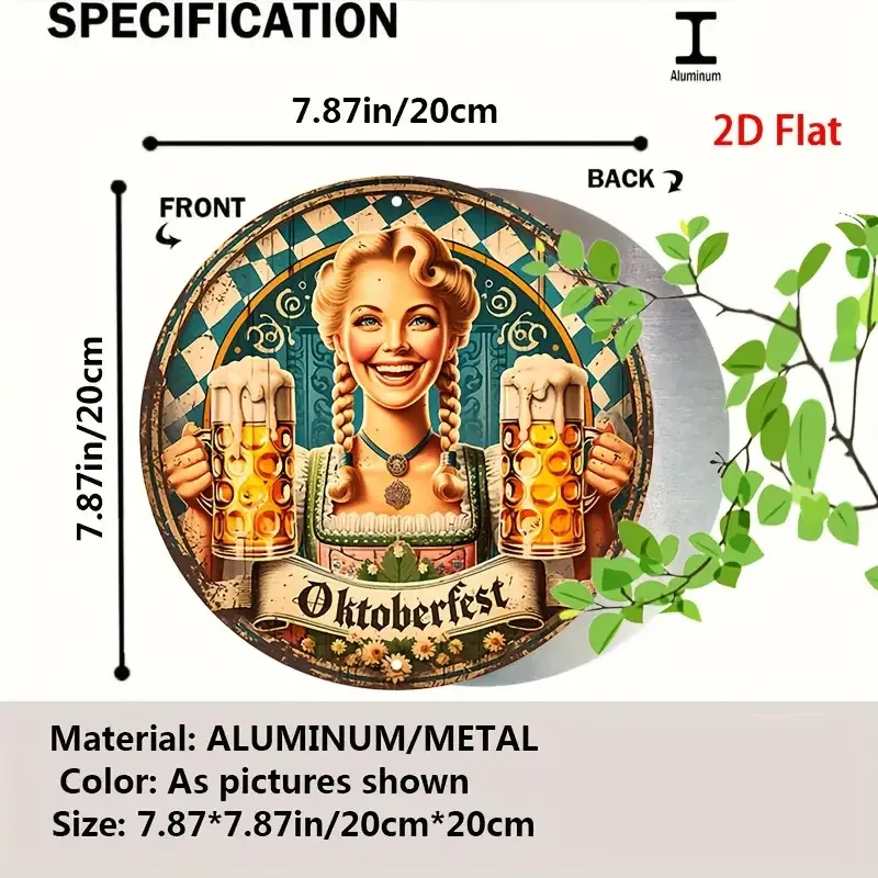 Oktoberfest Bavarian Girl With Beer Mugs Vintage Art 2D flat Round Metal Tin Sign Bar Pub Indoor Wall Decor 7.87x7.87 Inch