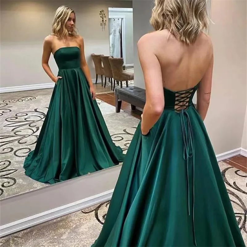 Long Satin Green Prom Dresses with Pockets Strapless Maxi Corset Back Formal Evening Homecoming Party Gowns