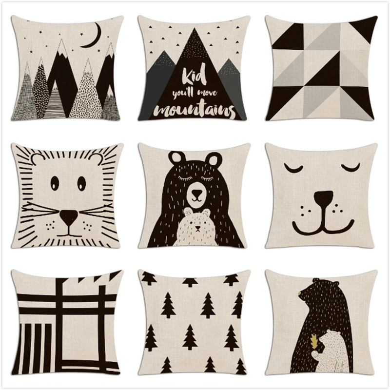 

Cute Black Bear Children Pillowcase Hand Painted Cartoon Animals Pillow Case Nordic Style Forest Linen 45X45 50X50 Pillows Cover