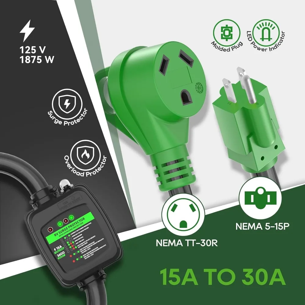 سلك محول حماية من زيادة التيار RV 30 أمبير إلى 110 فولت مع حماية من الحمل الزائد، NEMA 5-15P إلى TT-30R، درج 2 قدم أخضر ETL #5