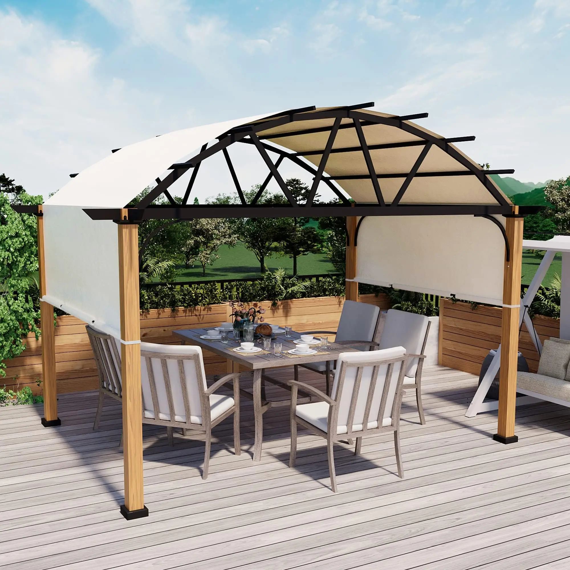 10' X 13' Outdoor Pergola with Sling Retractable , Wood-Like Patio Pergola Shade for Patio, Backyard, Garden,Poolside