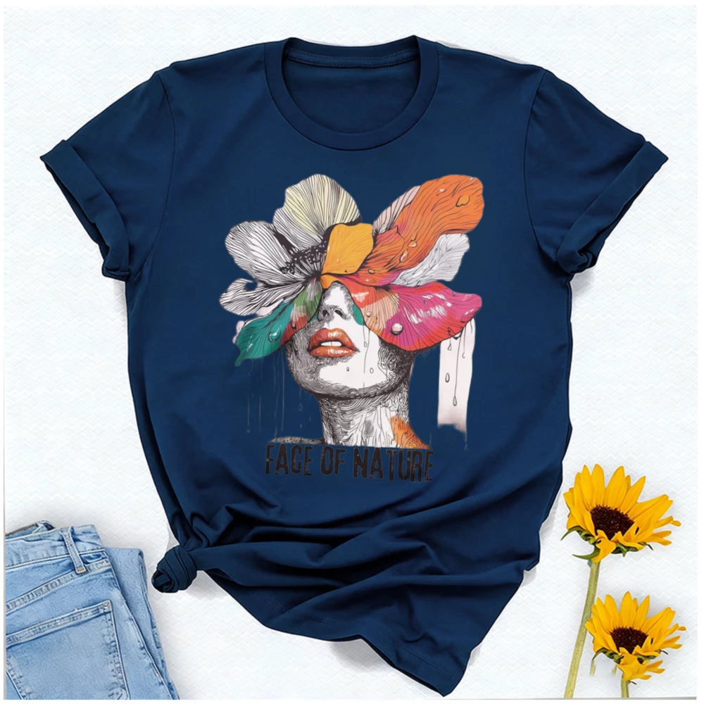 Face of Nature Flower Art T-Shirt Cotton Floral Graphic A Striking Artistic Portrait of Woman Adorned with Vibrant Short-sleev