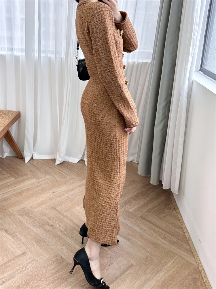 Glitter Dress Women Brown Waffle Knit Dress with Pearl Flower Double Breasted Round Neck Long Skirt, Elegant and Socialite Style