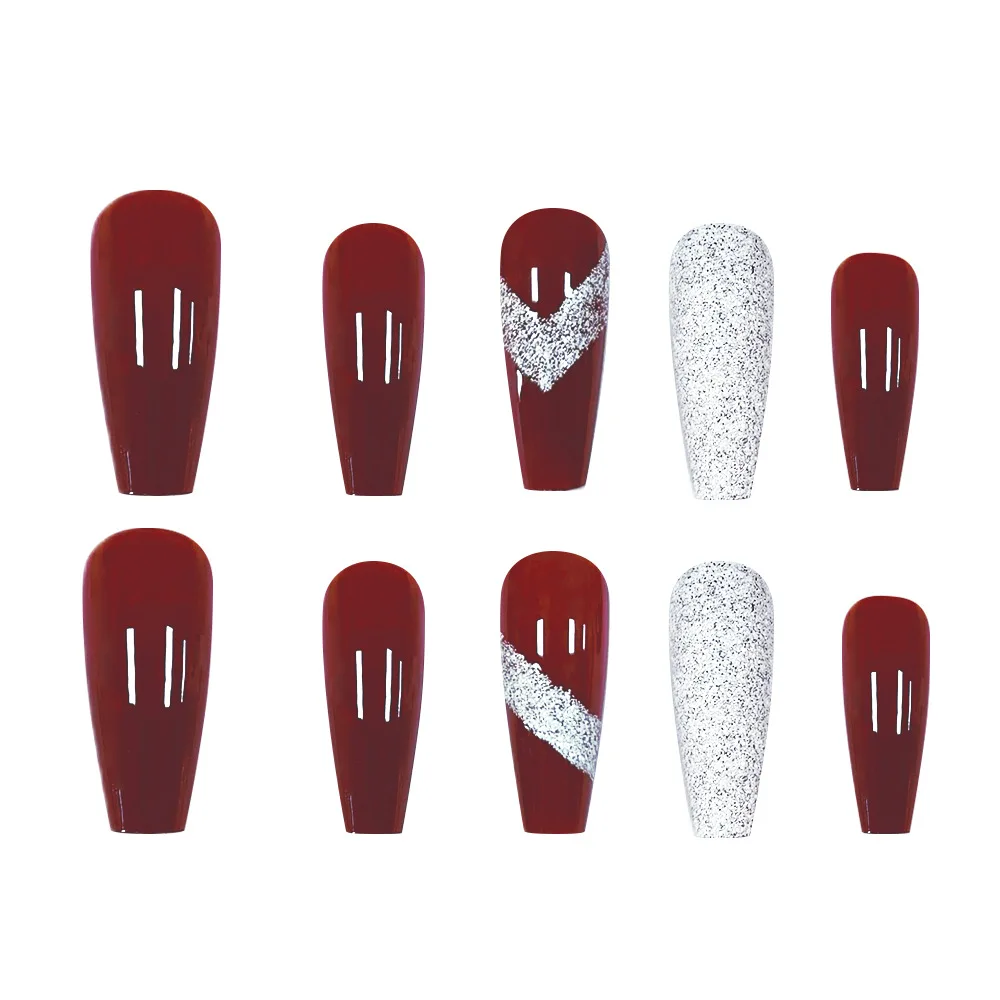 플래시 파우더 프레스온 네일 롱 코핀 가짜 손톱 와인 레드 디자인 아크릴 반짝이는 골드 스파클링 와인 레드 디자인 인조 손톱