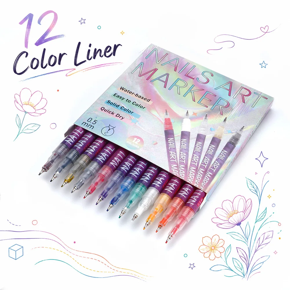 

12 Colors 0.5mm Fine Tip Liner Pen Set Water-Based Quick Dry Art Marker Journal Drawing Graffiti Nail Design Art DIY Supplies