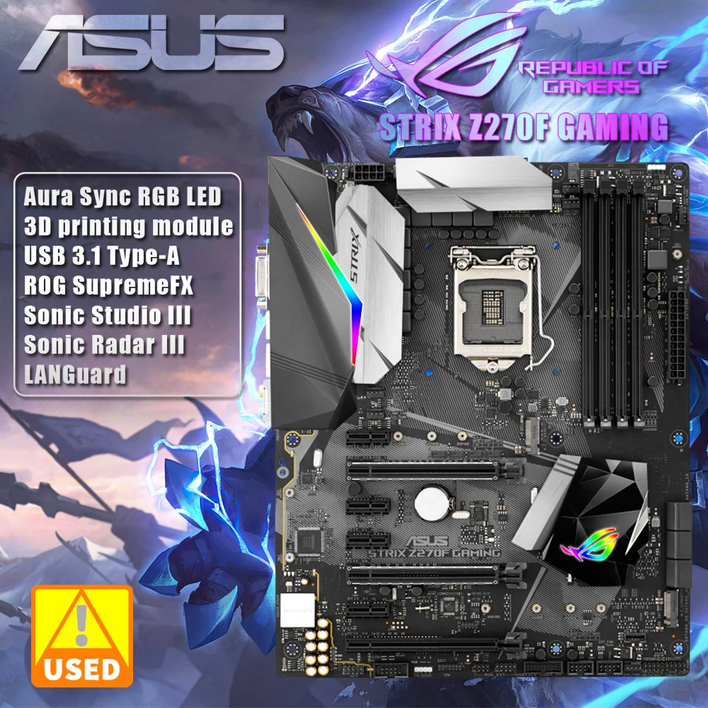 

Б/у материнская плата ASUS ROG STRIX Z270F, игровая материнская плата, ЦП поддерживает i3-6100 6100T 6300 6300T, 7300T ЦП.