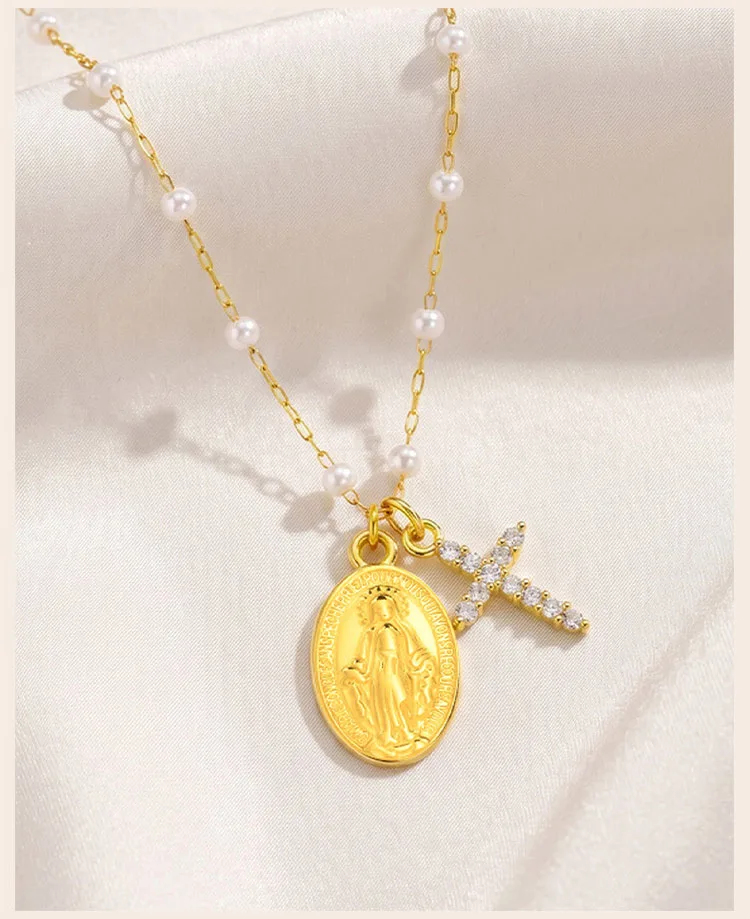 Kreuzkette mit Marienbild, goldfarbene Edelstahl-Perlenkette, religiöser Schmuck für Kirchen, Lagerbestand – Detail 2