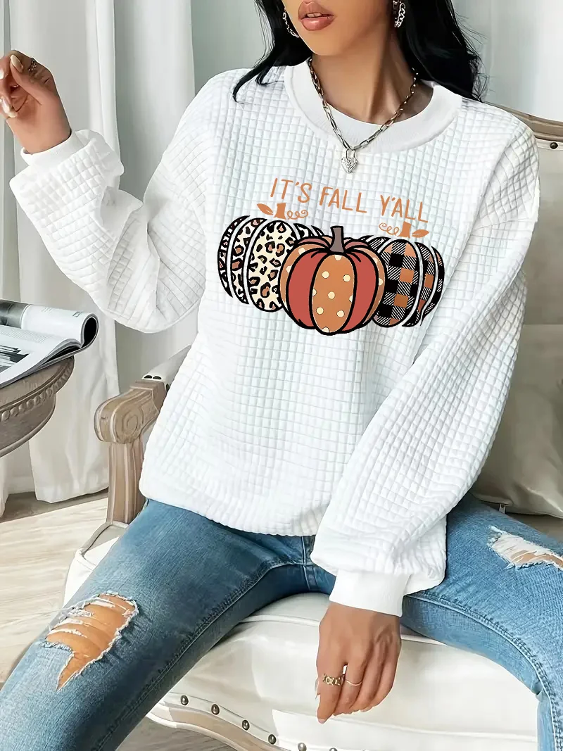 

Women's Autumn and Winter Waffle Sweatshirt - Pumpkin Leopard Pattern Pullover - Fabric Soft Skin-friendly Style Fashionable