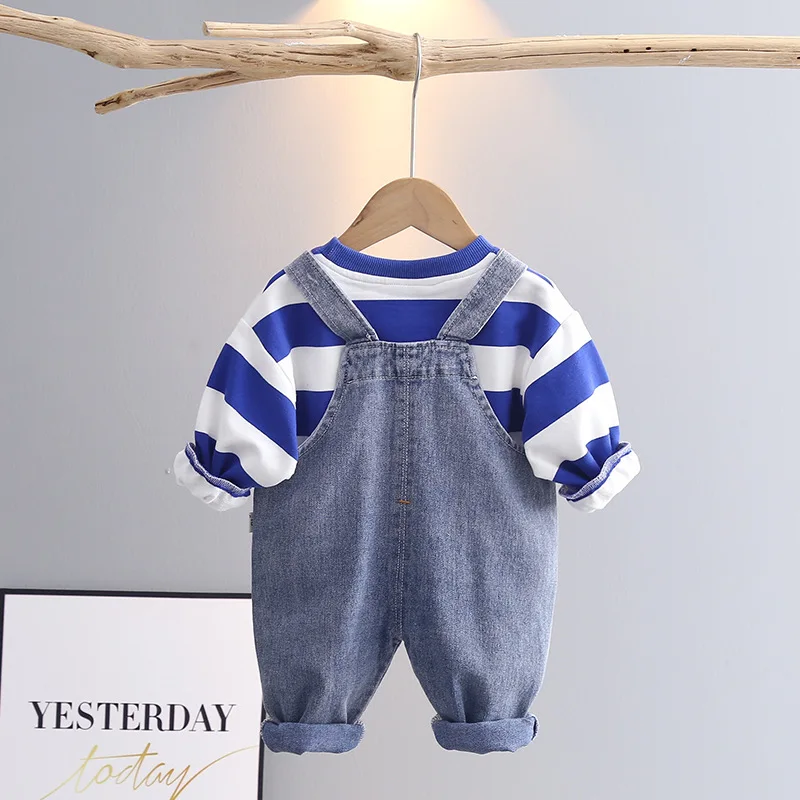 Baby Boy Designer Clothes Christmas Outfits for Kids Cartoon Striped Long Sleeved T-shirts Tops + Denim Overalls Boys Tracksuits