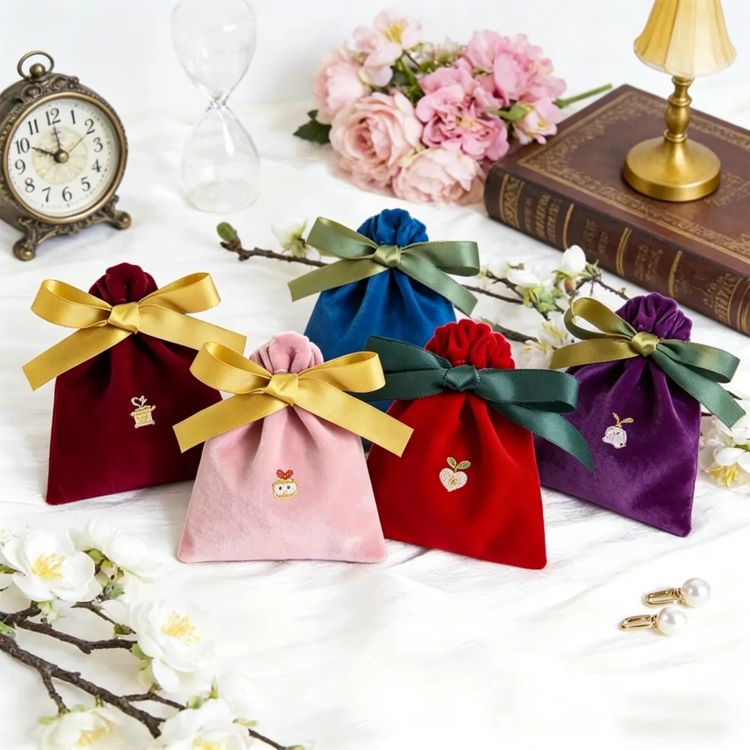 

100PC Custom Logo 7x9cm Velvet Drawstring Jewelry Pouch Dust Bag Modern Perfume Gemstone Coin Green Gift Bags with Smooth Ribbon