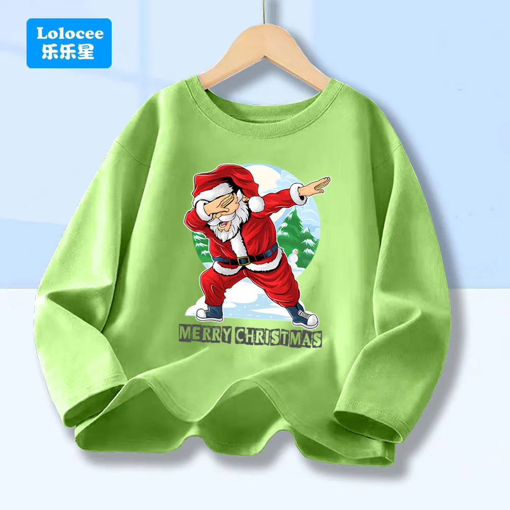 

Boys Long Sleeve T-shirt Dabbing Santa "Merry Christmas" Print Green Top Boy Girl Casual Cotton Xmas Festival Clothing SDLL1