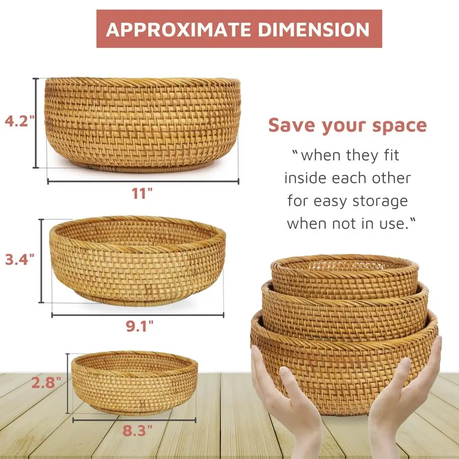 Woven Fruit Basket For Holder Bowl Decorative Bread Vegetable, Serving Bowl Set of 3 For Organizing Kitchen Natural Rattan Picni - Detail 1