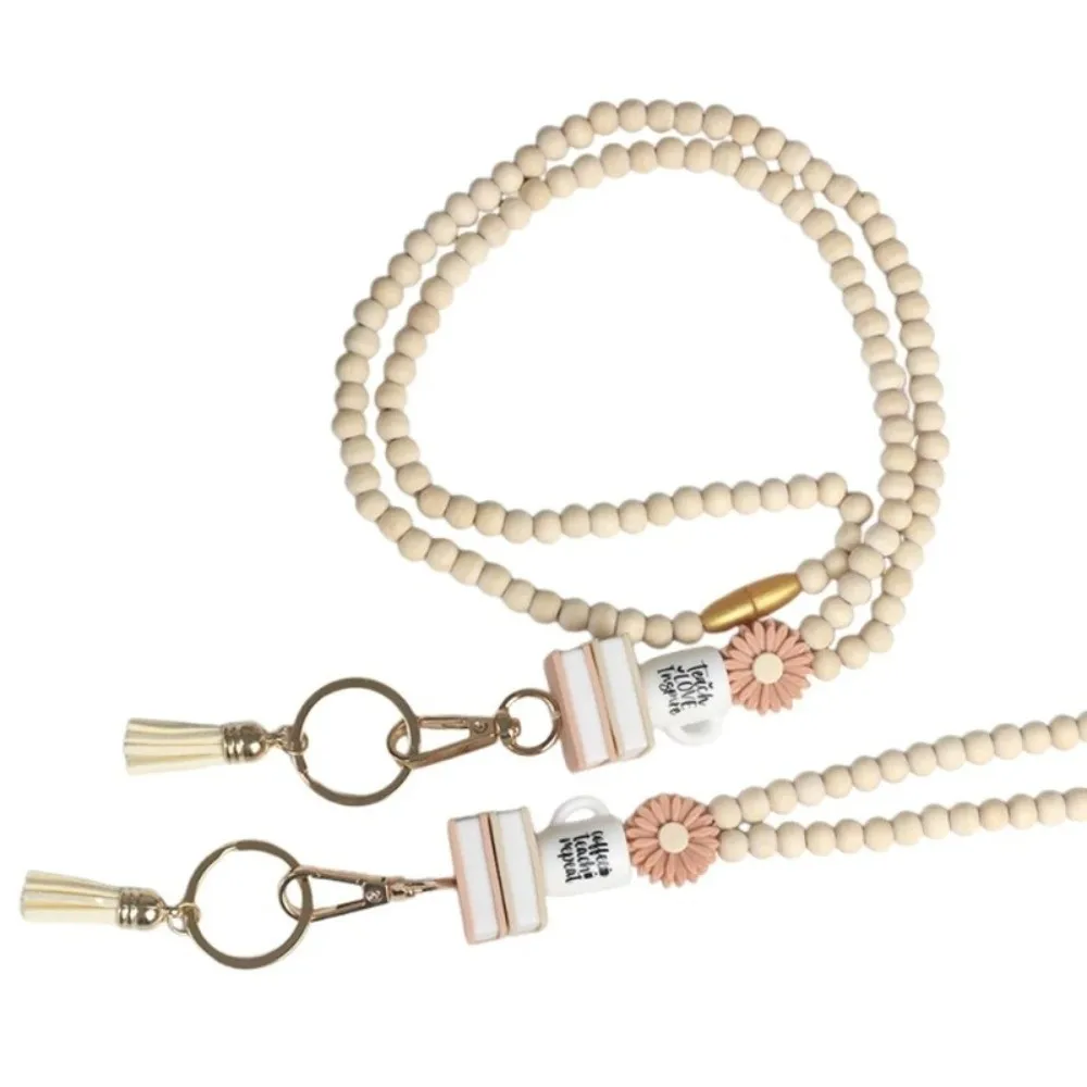

Модный ремешок из деревянного бисера с держателем для удостоверения личности, розовые бусины в виде ромашки, ремешок для учителя с кисточкой, ремешок для удостоверения личности, женский ремешок