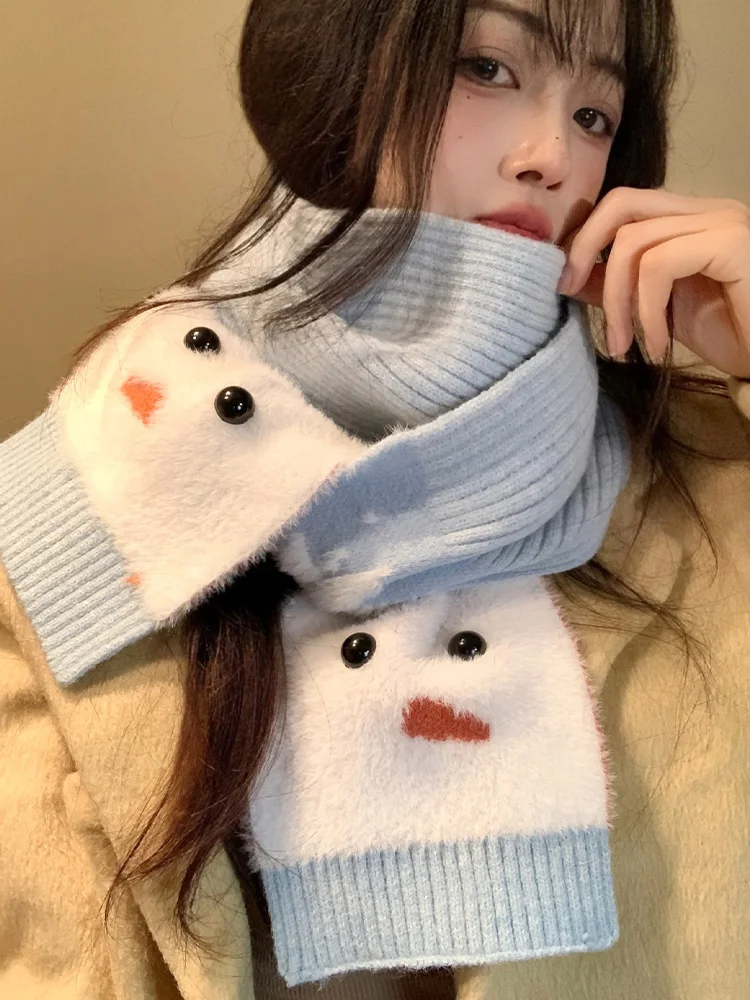 Cute Snowman Blue Knitted Scarf Women's Style Winter Warm Neck Warmer Korean Trendy Atmosphere Sensation Long Rectangle Scarf