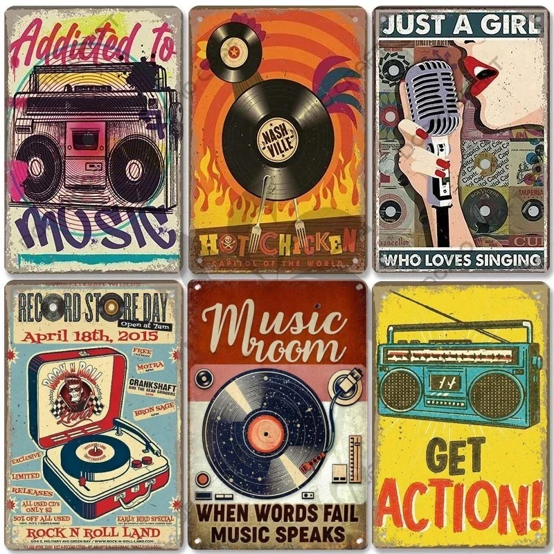 Vintage Music CD Radio Poster Metal Tin Signs Guitar Singer Retro Metal Plate For Music Party Bar Club Living Room Wall Decor