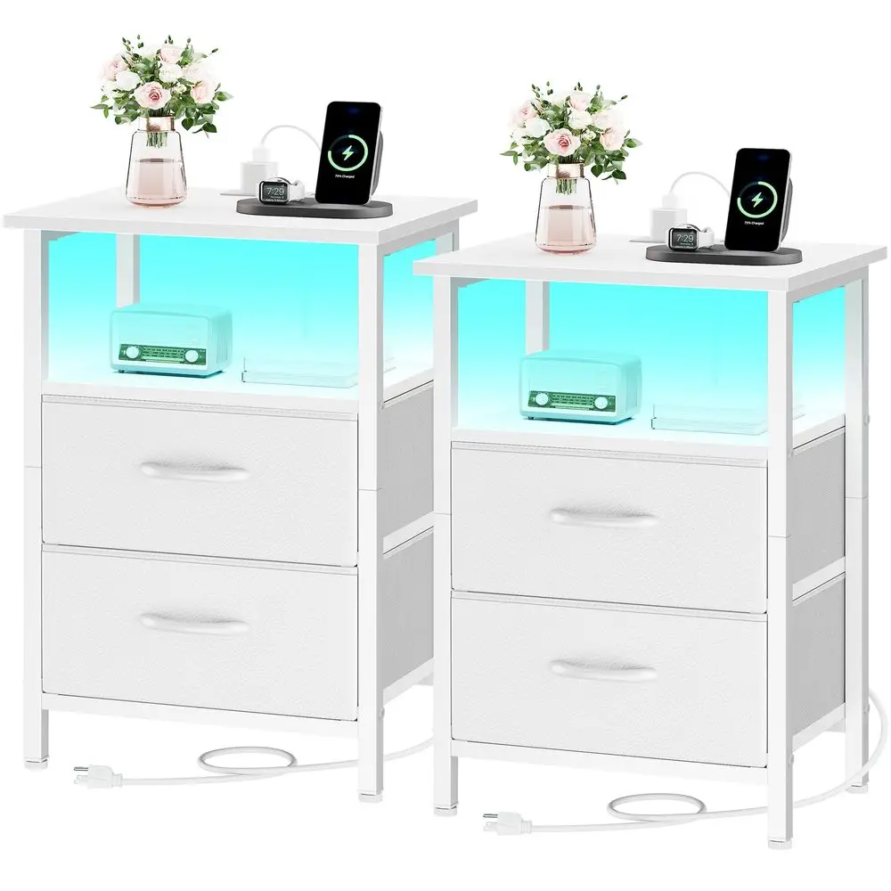 

Nightstand Set of 2 with Charging Station, Bed side tables bedroom set of 2 with LED Lights, White Night Stands with 2 Fabric D