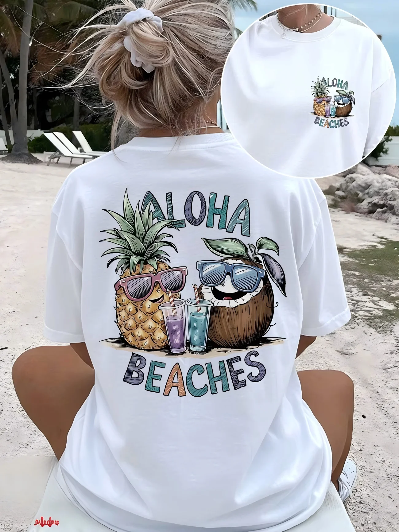 Vintage Aloha Beaches Graphic T-Shirt Women Double Sided Pineapple Coconut Print Tee Harajuku Summer Vacation Aesthetic Top