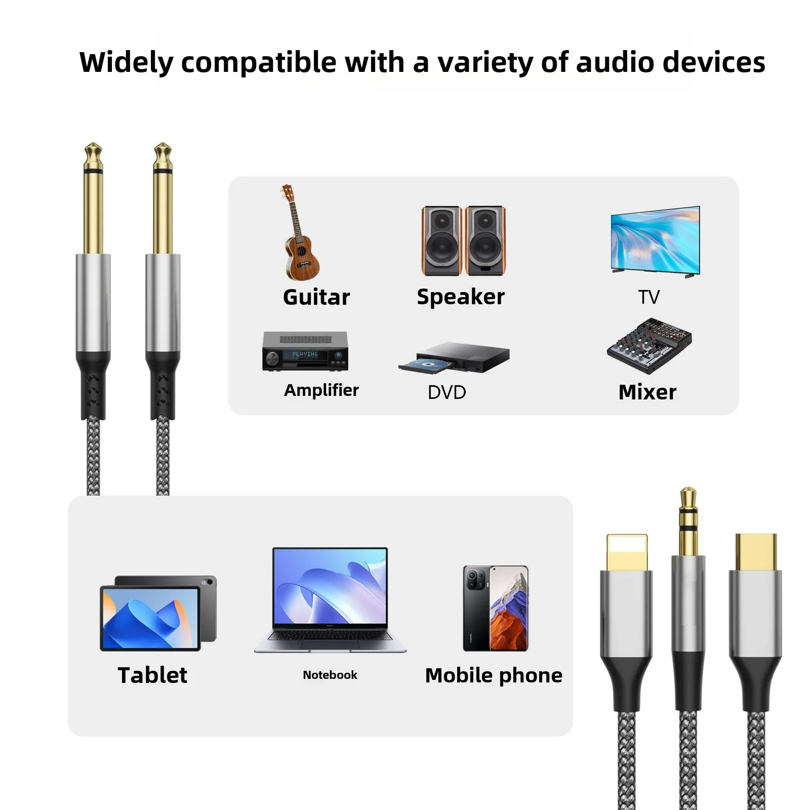 Kabel audio 6.5 mm 3-w-1 do podwójnego 6.35 mm, konwerter, wzmacniacz dźwięku, konsola miksująca do gitary, do iPhone'a, Huawei, Type-C, linia audio 3.5 mm — zdjęcie produktu 2