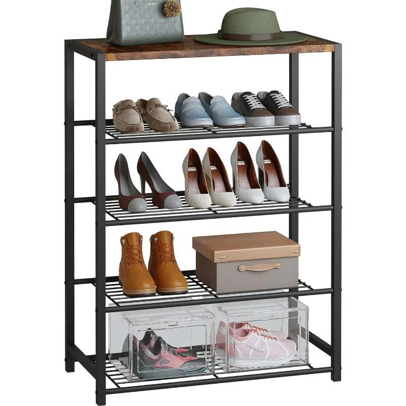 Yusong Shoe Rack, 5 Tier Shoe Organizer Storage for Closet Entryway, Narrow Tall Metal Shoe Shelves with Industrial Wooden Top