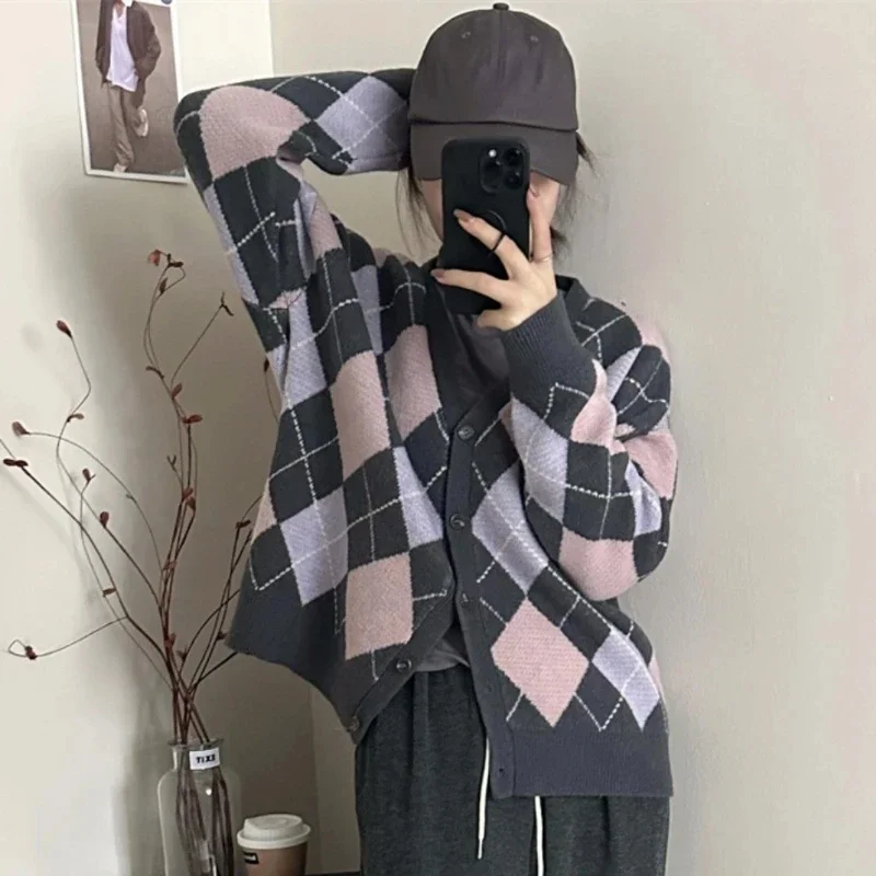 Ladies Sweaters Plaid Cardigan Knitted Top for Women Purple Cashmere Clothing Korean Fashion Autumn Winter 2024 Aesthetic New In