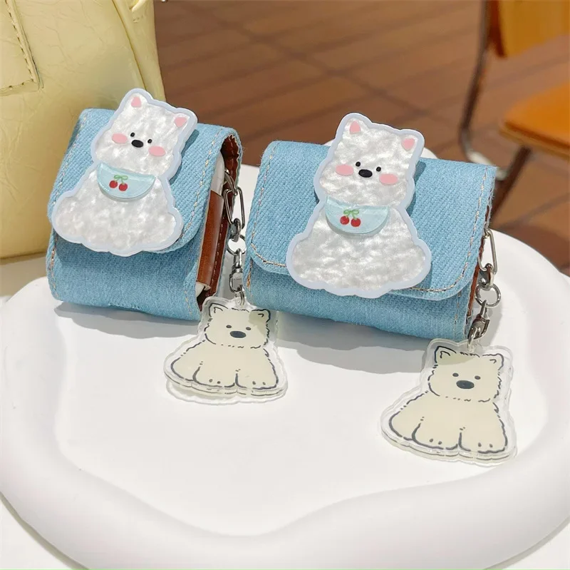 

Cute Dog Denim Case for AirPods 4 Airpod 1 2 3 Pro Pro2 Bluetooth Earbuds Charging Box Protective Earphone Case Cover