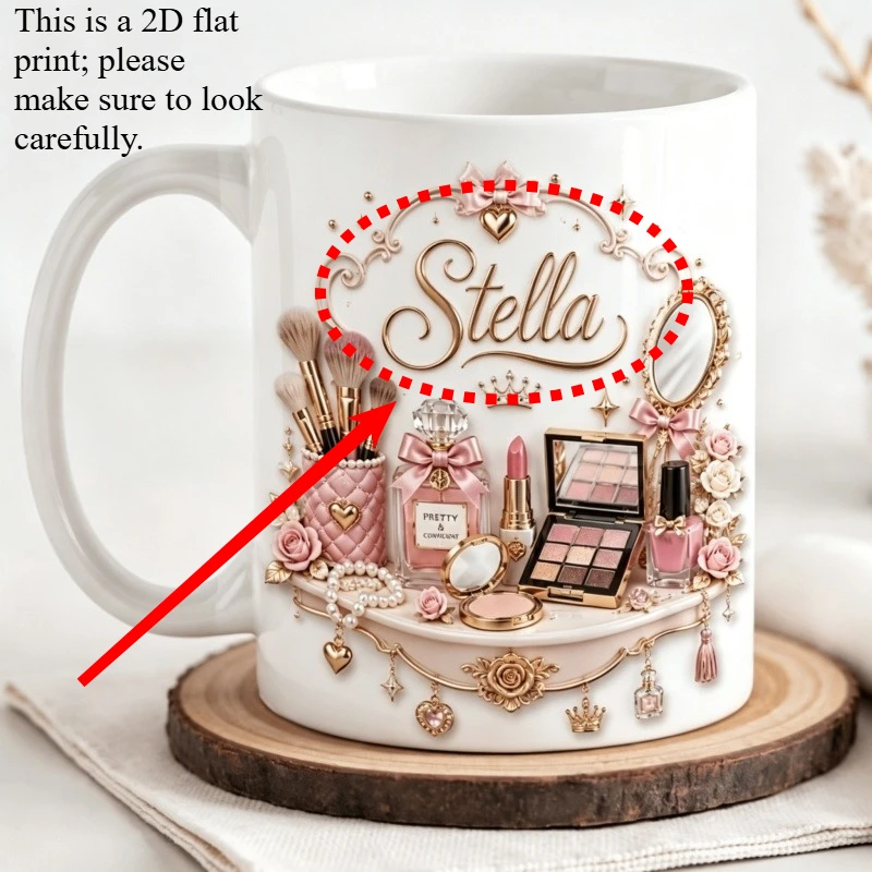 Personalized Makeup Vanity Coffee Mug 2D Printing Custom Name 11oz Ceramic Cup Gold Rose Design Gift for Beauty Lover Birthday C