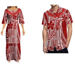 Custom Women's Dress Polynesian Vintage Grain Ula Nifo Print Samoan Necklace Party Evening Couple Shirt Set