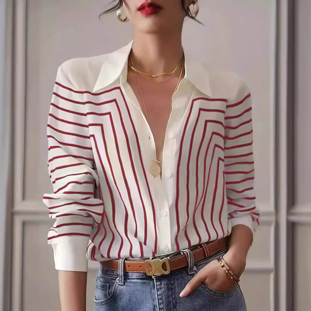 ฤดูใบไม้ผลิฤดูใบไม้ร่วงผู้หญิงเสื้อแขนยาวลาย Elegant Turn Collar หลวมผ้าไหมเสื้อและเสื้อ