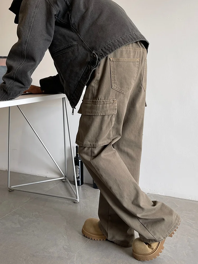 

Коричневые прямые рабочие брюки для мужчин, осенне-зимние, в стиле High Street, слегка расклешенные, свободного кроя, повседневные брюки