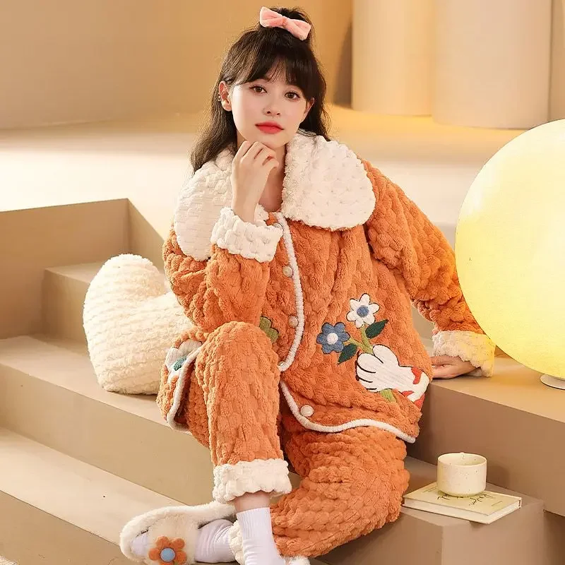 

Autumn Winter Pajamas Female Coral Fleece Add Fleece To Thicken Cute Flannel Suit Can Be Worn Outside Loungewear sleepwear