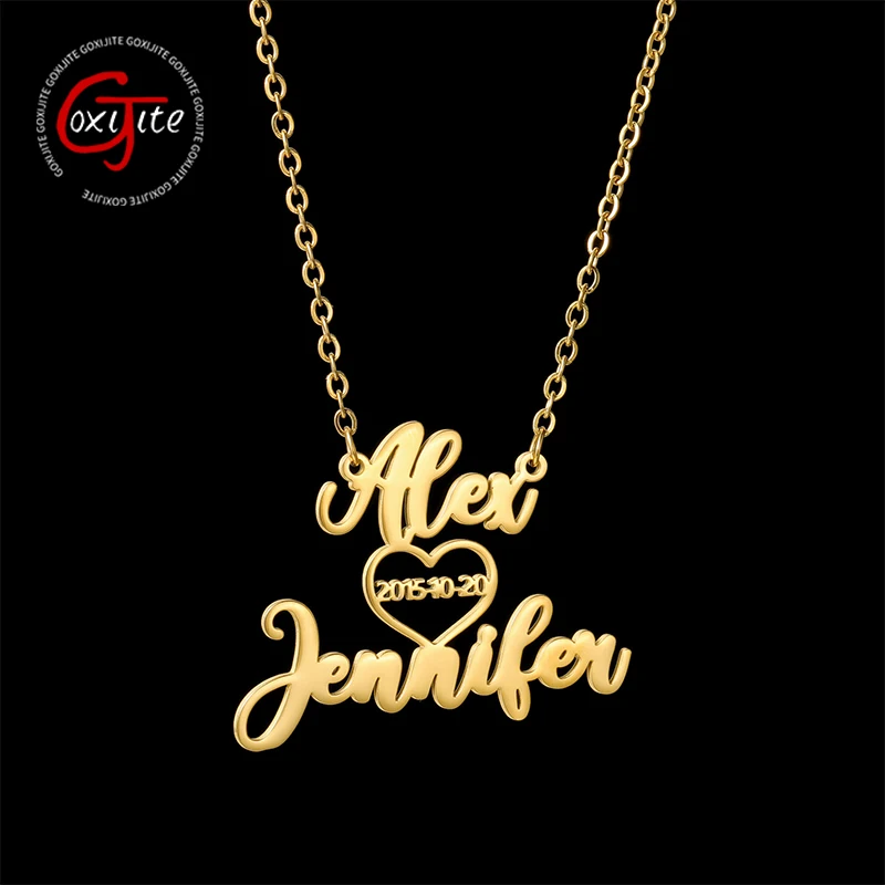 Goxijite Fashion Customized Name Necklace For Women Stainless Steel Personalized 2 Names Heart Date Necklaces Anniversary Gift