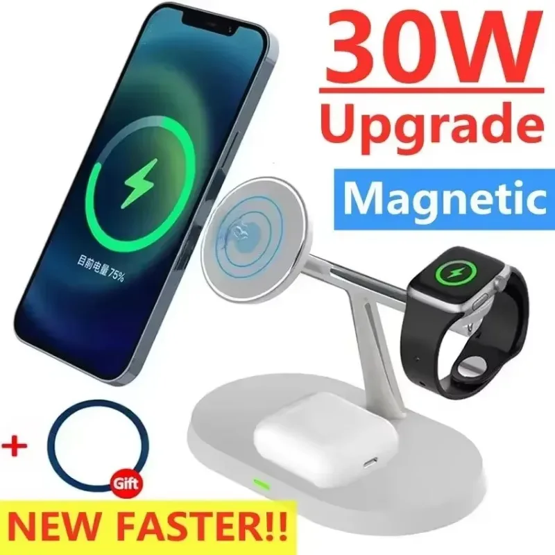 3 In 1 Magnetic Wireless Charger Stand For iPhone 16 15 14 13 12 Pro Max Apple Watch 9 8 7 6 Airprods Fast Charging Station Dock