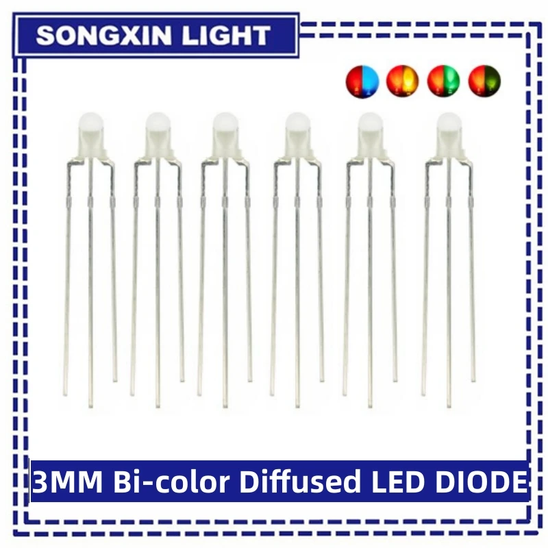 50pcs 3mm Round Clear/Fog LED Bicolor Lamp F3 Common Anode/Cathode LED 3 Pins Light Emitting Diode Red&Yellow Blue&Green