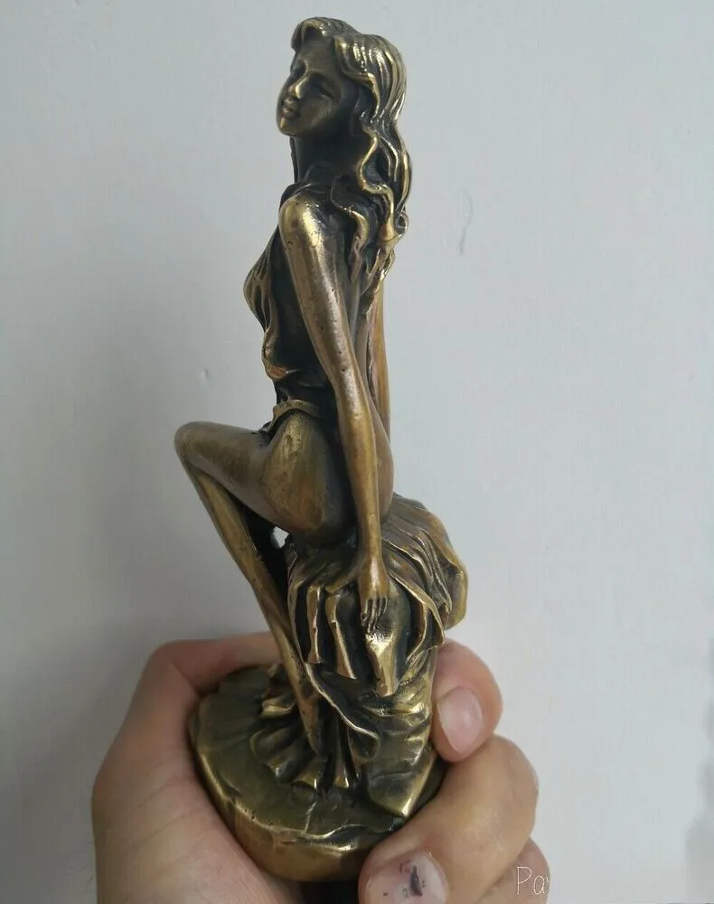 Brass Beauty Girl Statue Art Seating Figure Sexy Model Human Body Table Decor