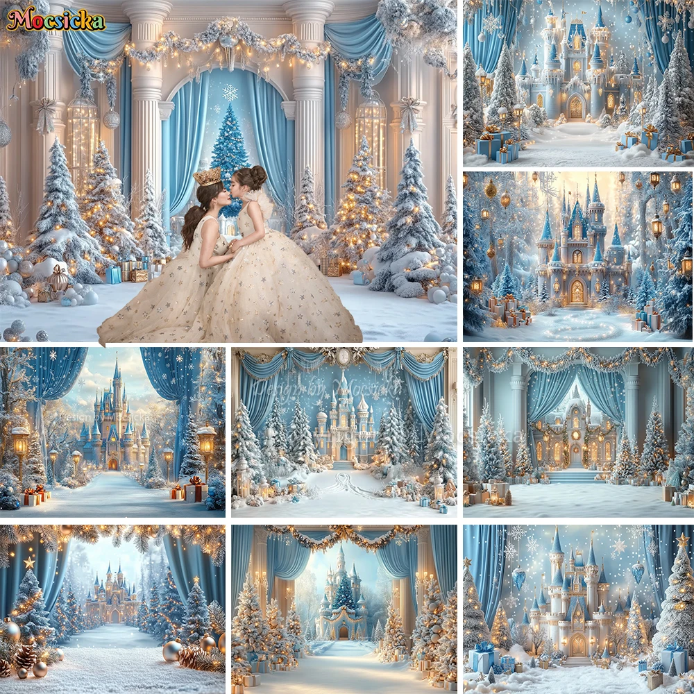 

Mocsicka Xmas Frozen Castle Photography Background for Girl Birthday Party Pine Tree Blue Backdrop Winter Kids Photo Studio