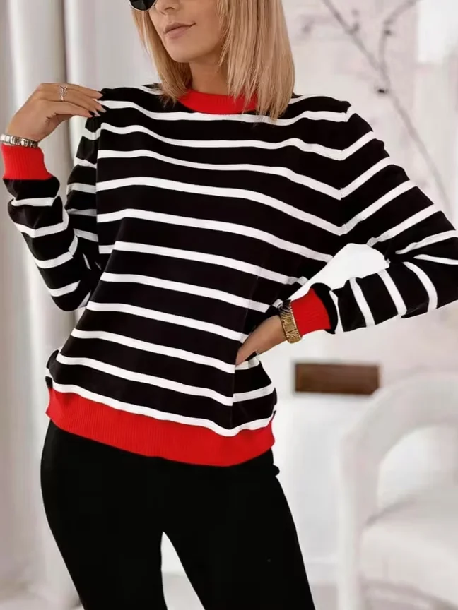 Casual Striped Sweater Color Blocking Gentle Comfortable Stylish Elegant Fashionable Knitwear for Women