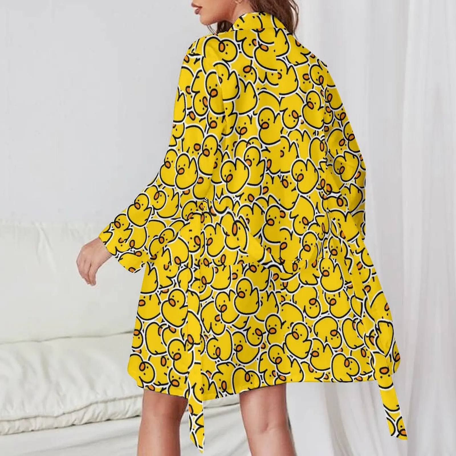 Bunch of Rubber Ducks Pajama Robe Yellow Animal Long Sleeves Sexy Pajamas Robes Womens V Neck Casual Nightgown Autumn Dress