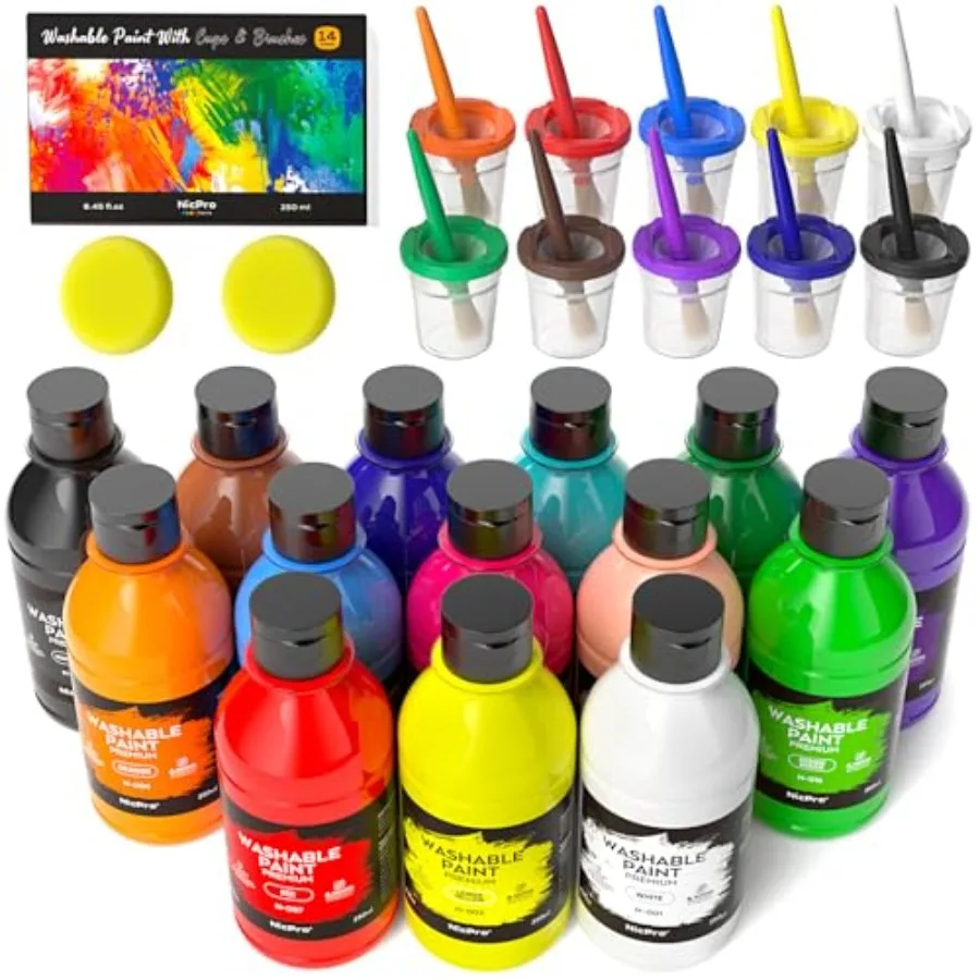 

Large Washable Paint for 8.45oz/250ml, Non Toxic Tempera Finger Paints with Paint Brushes, Cups and Sponge for Art, Poster, Sch
