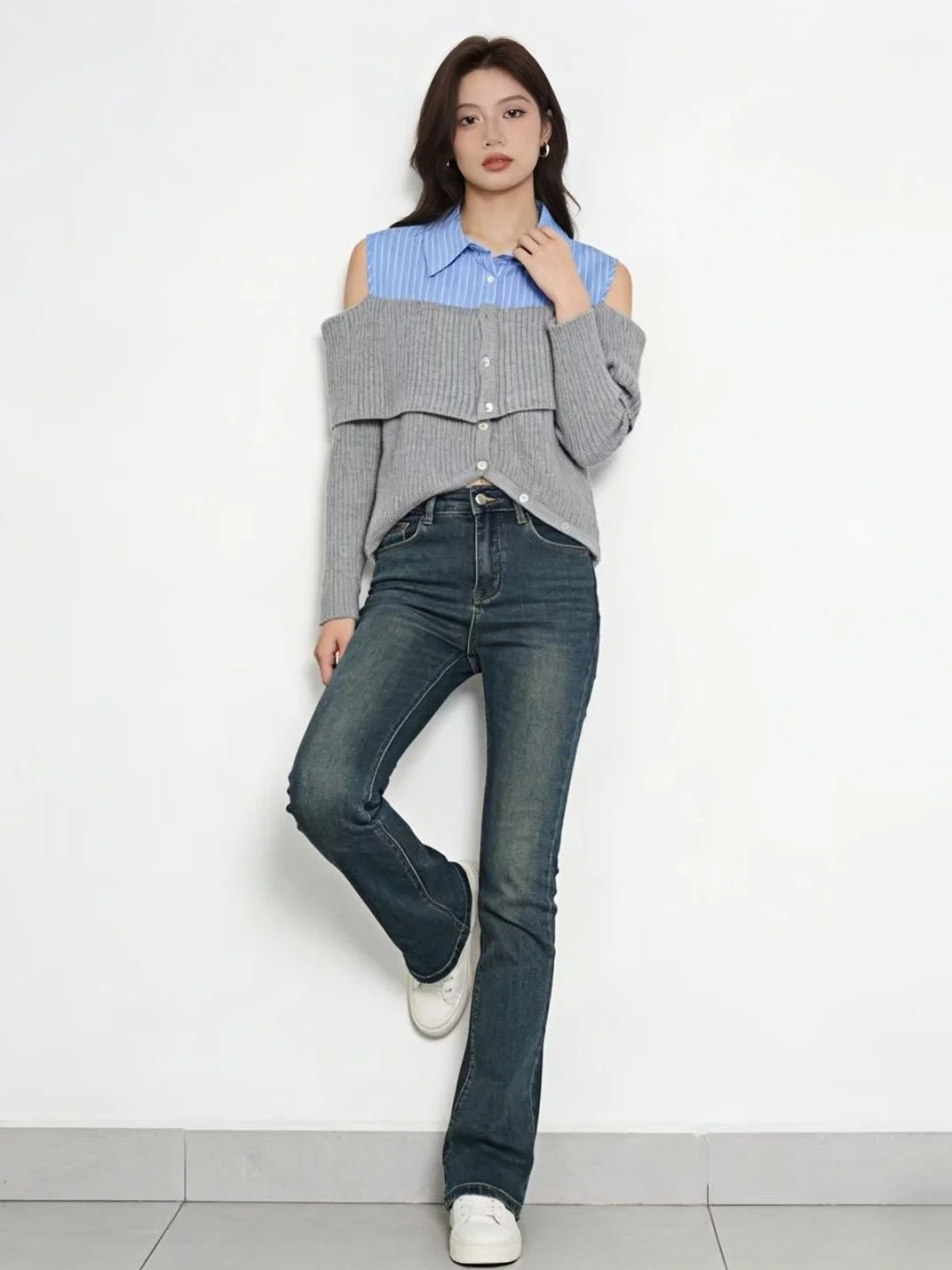 Sweter damski z dzianiny, dopasowany, z odkrytymi ramionami, z kołnierzykiem, idealny na wczesną wiosnę, modny, artystyczny, długi rękaw.