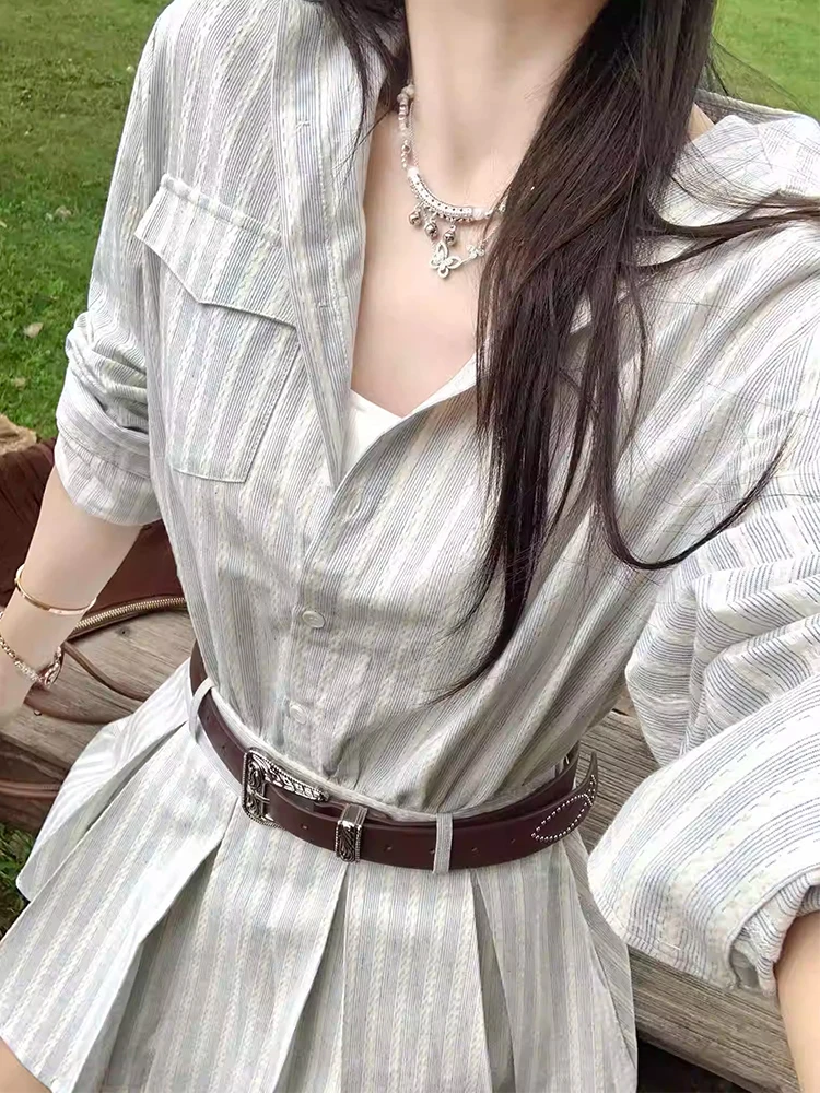 Abito camicia a righe da donna Gonna a trapezio a vita alta Manica lunga Manica coreana Design da pendolarismo Avvolgente in garza dimagrante Primavera