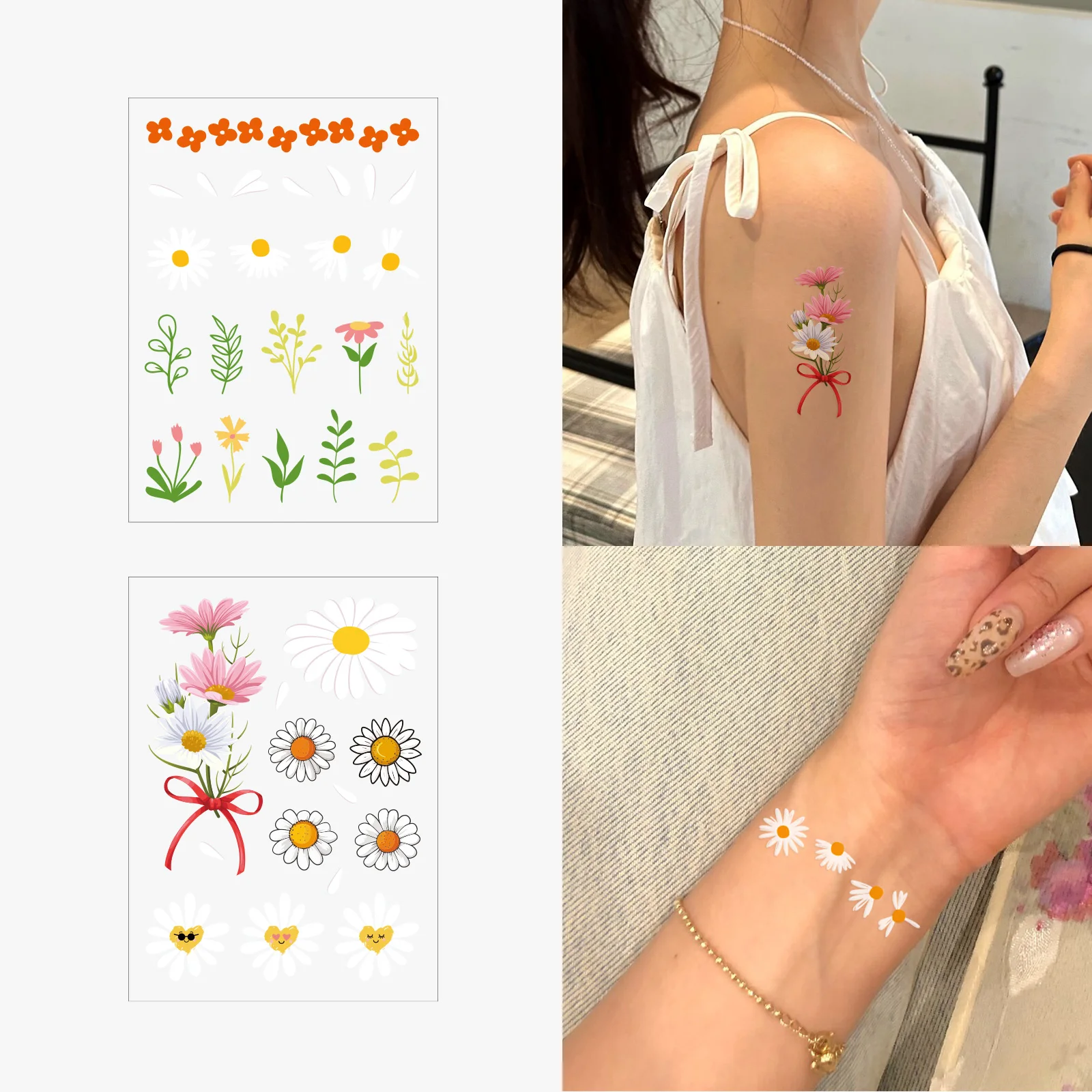 

2 Sheets Daisies Flower Series Temporary Tattoo Stickers for Finger Wrist Tattoo Small Pattern DIY Waterproof Fake Tattoos