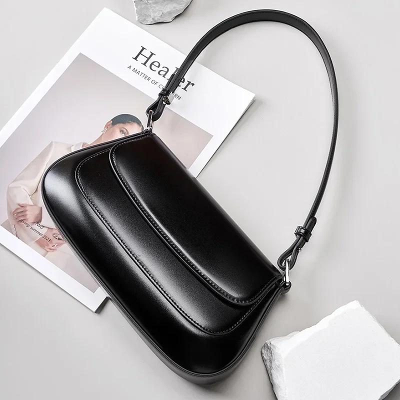 2024 Luxury Handbags Genuine Leather Women Saddle Bags High Quality Single Shoulder Bag Female Versatile Crossbody Bag Black